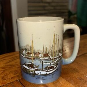 Vintage Otagiri Fishing Village Nautical Boats Seagull Coffee Cup Mug Japan